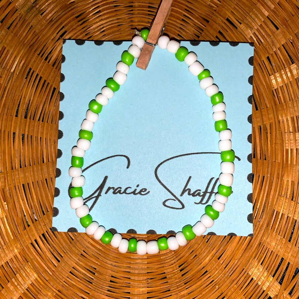 Green & White Handmade Beaded Bracelet.
